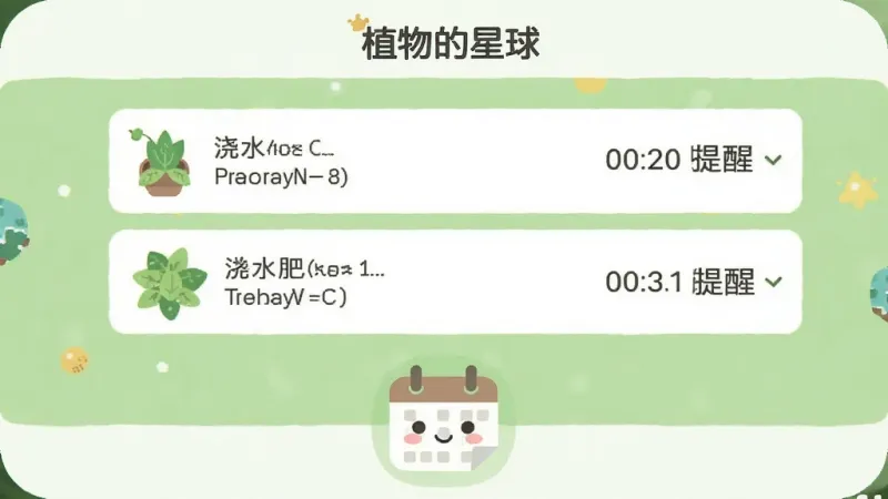 手机界面截图,展示“植物的星球”应用中的养护提醒设置页面,页面顶部有“植物的星球”文字标识,中间是植物列表和对应的浇水、施肥提醒时间,底部有可爱的日历图标,背景是浅绿色,风格清新扁平,画质干净,无多余元素。