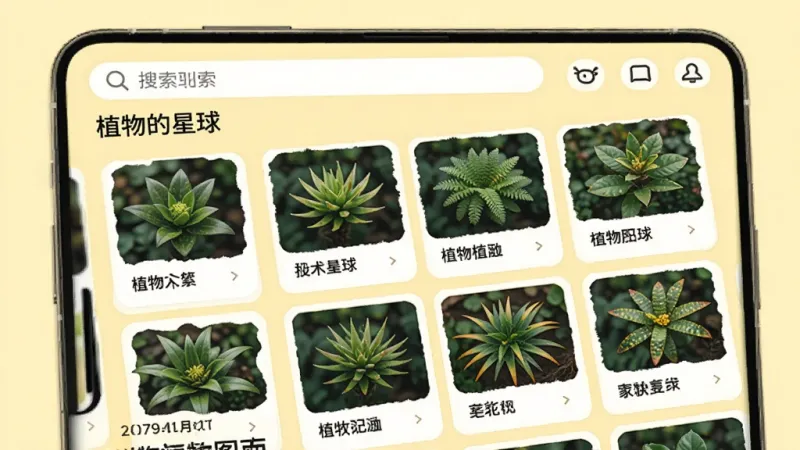 手机应用界面,展示“植物的星球”中的植物图鉴页面,画面中有各种植物的卡片式列表,每张卡片上有植物图片和名称,背景是柔和的浅黄色,顶部有搜索框,风格简洁明快,画质干净,无多余元素。