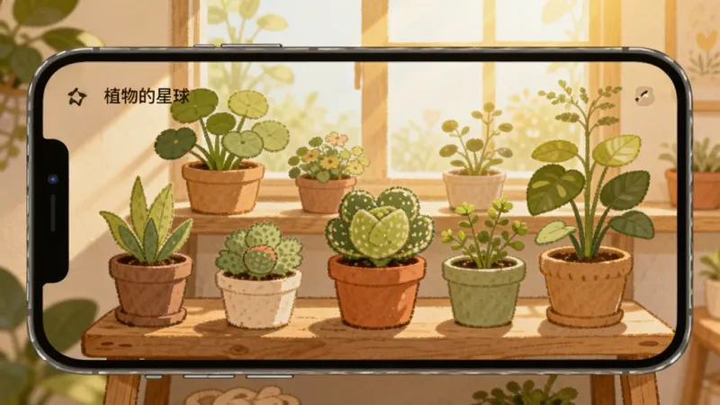 手机屏幕展示“植物的星球”应用内的花园场景,画面中有多盆不同种类的植物摆放在木质架子上,背景有窗户和透进来的阳光,整体色调温暖明亮,风格治愈系手绘,画质干净,无多余元素。