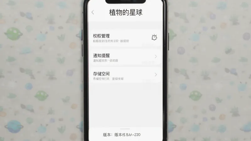 手机界面展示“植物的星球”应用中的设置页面,页面顶部有“植物的星球”文字,中间是权限管理、通知提醒、存储空间等选项,底部有版本信息,背景是干净的白色,风格极简,画质干净,无多余元素。