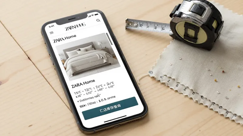 手机屏幕显示Zara Home应用的商品详情页,页面上有床品的尺寸标注和门店库存查询按钮,旁边放着一把卷尺和一块布料样品,背景是浅色桌面,风格实用清晰,画质干净,无多余元素