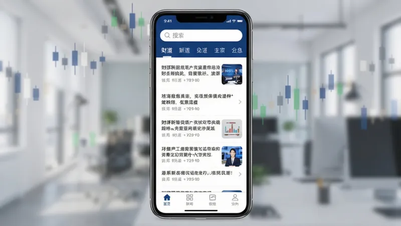 财湃新闻App主界面全貌展示,手机屏幕中央显示财经新闻信息流列表,顶部有搜索栏和频道分类标签,底部导航栏清晰,整体色调以白色和深蓝色为主,风格简洁专业现代,画质干净无多余元素