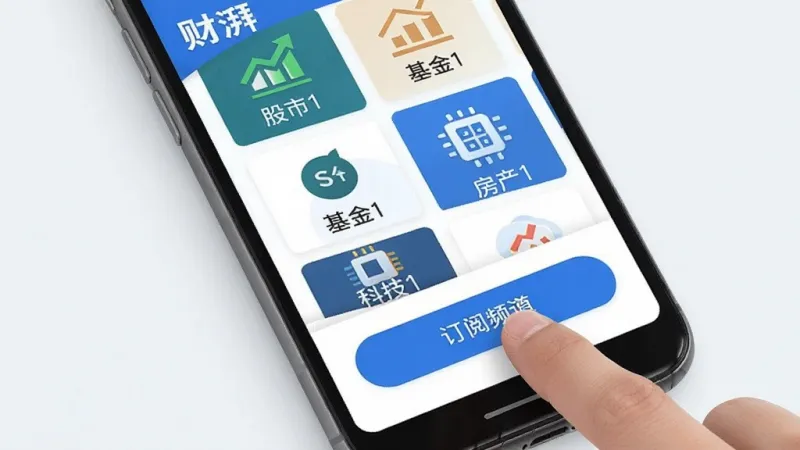 财湃新闻App个性化频道订阅界面,手机屏幕展示多个财经频道卡片,包括股市、基金、房产、科技等图标,用户手指正在点击订阅按钮,界面风格扁平化设计,蓝白配色,画质清晰干净