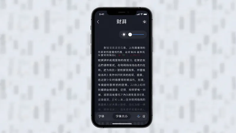 财湃新闻App夜间模式阅读界面,手机屏幕显示深色背景的财经文章,文字清晰,右上角有亮度调节滑块,底部有字体大小设置选项,整体氛围安静舒适,画质干净无多余元素