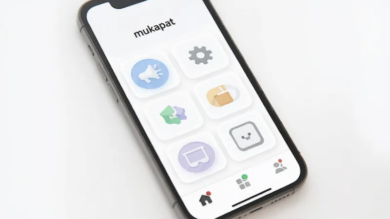 一张展示 mukapat 应用整体界面的图片,主体是手机屏幕中 mukapat 的主页布局,顶部显示应用名称“mukapat”,中间是简洁的功能入口图标排列,底部是导航栏,整体排版干净整齐,风格现代简约扁平化,细节圆润柔和,画质清晰干净,无多余元素