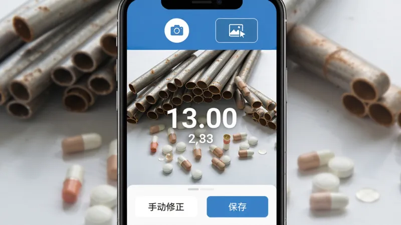 拍照扫描计数软件主界面展示，手机屏幕中央显示一堆随机散落的钢管和药片，界面顶部有拍照按钮和相册导入按钮，中间显示识别出的数量数字，底部有手动修正和保存按钮，整体色调以蓝白为主，布局简洁，风格现代扁平，画质清晰，干净无多余元素