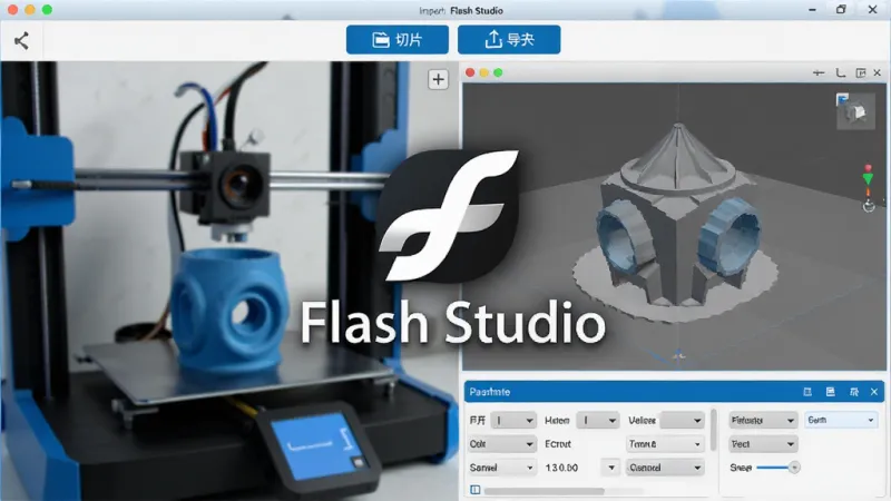 一张展示Flash Studio软件主界面的图片,画面中央是软件Logo和名称Flash Studio,背景是3D打印机和正在打印的模型,界面布局清晰,顶部显示导入、切片、导出功能按钮,中间是3D模型预览区域,底部是参数设置面板,风格现代科技感,蓝白配色为主,细节干净,画质高清无多余元素