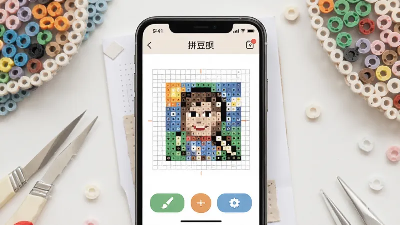 一张展示拼豆呗软件核心界面的图片,画面主体为手机屏幕中显示拼豆呗应用,屏幕内呈现色彩丰富的拼豆图纸、像素画作品和工具按钮,布局清晰,排版居中,风格为清新手工艺术风,细节包含彩色拼豆颗粒、图纸网格、画笔图标,画质高清干净无多余元素