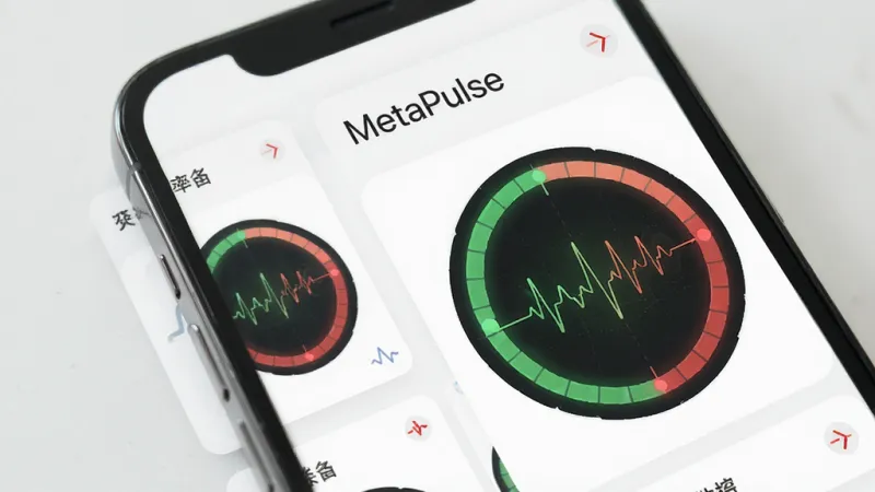 一张展示MetaPulse心率变异性分析功能的图片，主体是手机屏幕显示着绿色和红色交替的压力指数圆环，布局是数据卡片式排列，排版左对齐，风格是极简医疗科技风，细节上圆环内有细微的脉搏波形纹路，画质清晰干净无多余元素