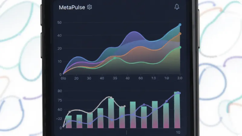 一张展示MetaPulse数据可视化功能的图片，主体是手机屏幕显示着多条彩色趋势曲线图，布局是上下分栏上面是折线图下面是柱状图，排版居中，风格是扁平化数据仪表盘，细节上曲线有渐变填充效果，画质清晰干净无多余元素
