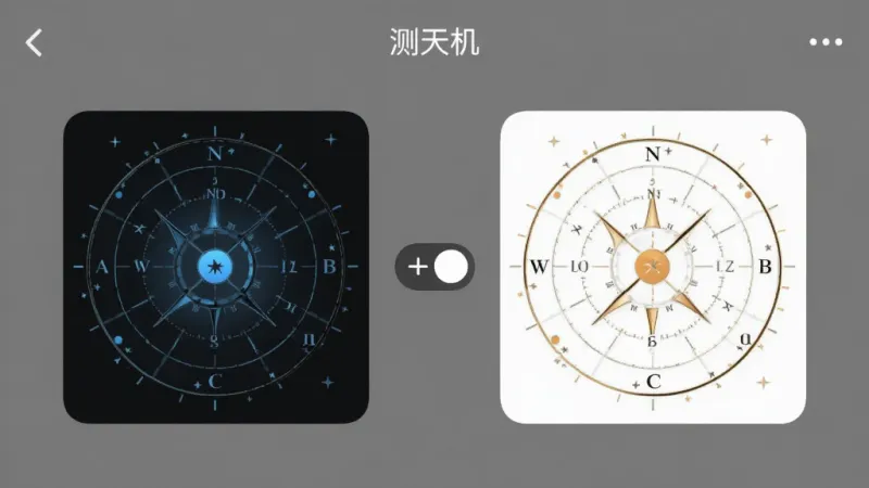 测天机应用主题切换界面,屏幕展示深色和浅色两种主题预览图,中间有切换按钮,顶部有