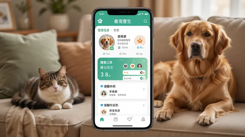 一张展示宠物健康管理App界面的手机样机图，画面中央是手机屏幕，屏幕内显示兽宠壹生App的主页，主页上有宠物头像列表、健康记录卡片和提醒事项，背景是暖色调的客厅环境，有猫和狗在沙发上休息，风格温馨写实，细节清晰，画质干净，无多余元素