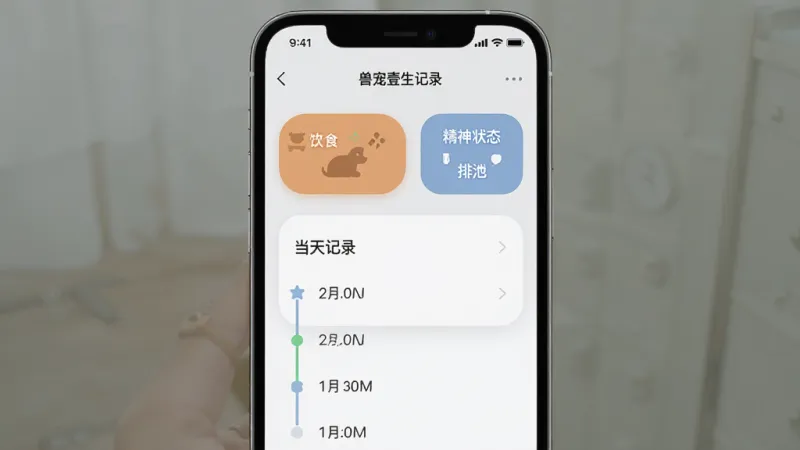 一张展示兽宠壹生App日常记录功能的界面图，手机屏幕中显示一个记录页面，页面上有饮食、排泄、精神状态的快捷记录按钮，下方是当天的记录时间线，界面背景为浅灰色，按钮圆润，文字标注清晰，风格现代扁平，画质干净，无多余元素