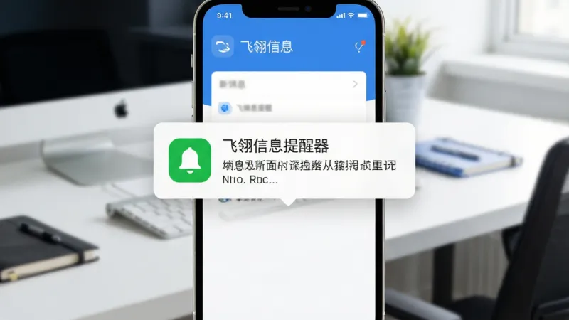 飞翎信息提醒器 功能展示界面 手机屏幕中央弹出微信新消息提醒卡片 带有铃铛图标 背景是办公桌面 简洁UI设计 蓝白配色 干净画质 无多余元素