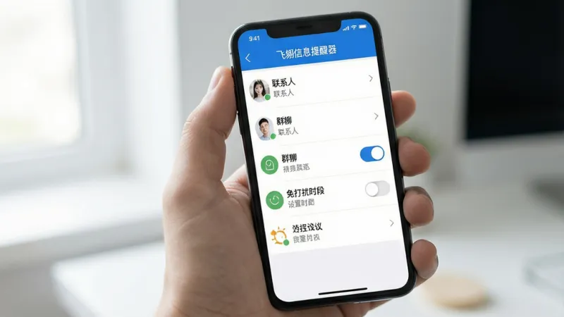 飞翎信息提醒器 设置界面 手机屏幕显示提醒规则配置页面 包含联系人列表 群聊开关 免打扰时段设置 简洁列表布局 蓝白配色 干净画面 高画质