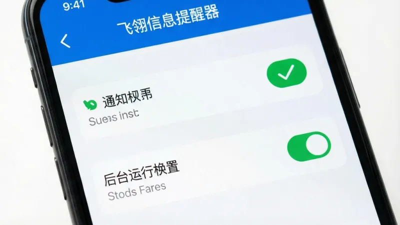飞翎信息提醒器 手机权限设置界面 显示通知权限和后台运行权限开启状态 带有对勾图标 简洁设置页面 蓝白配色 干净画质 无多余元素