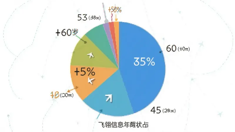 飞翎信息提醒器 用户年龄分布饼状图 显示18-60岁不同年龄段占比 饼图颜色清晰 带有百分比标注 简洁图表风格 干净画面