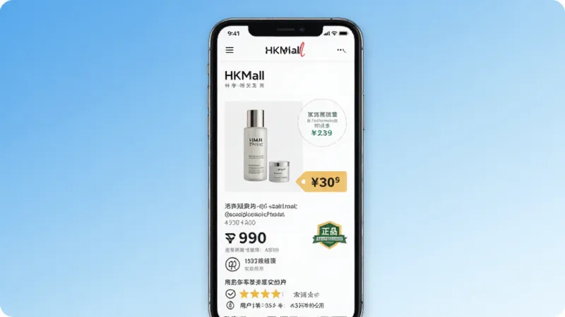 一张展示HKMall商品详情页的示意图,画面中手机屏幕显示一款港版护肤品的详细介绍,包括商品图片、价格标签、正品保障标识和用户评价区域,背景是柔和的渐变蓝色,风格清新,画质干净无多余元素