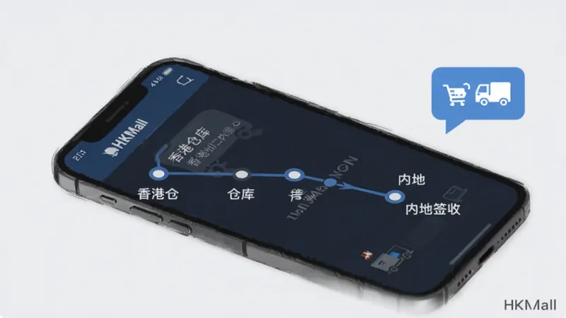 一张展示HKMall物流追踪页面的示意图,画面中手机屏幕显示一个订单的物流时间轴,从香港仓库发出到内地签收的各个节点清晰可见,旁边有客服对话气泡图标,背景是淡灰色,风格商务简洁,画质干净无多余元素