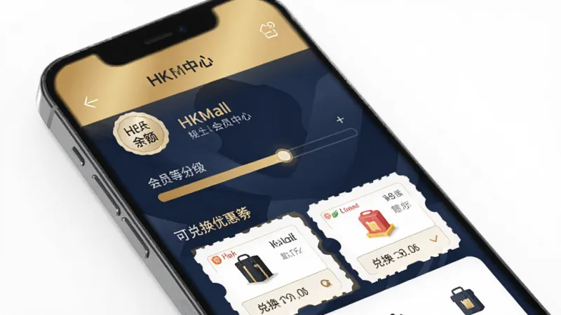 一张展示HKMall会员中心界面的手机样机图,画面中屏幕显示用户积分余额、会员等级进度条以及可兑换的优惠券列表,界面以金色和深蓝色点缀,风格精致,画质干净无多余元素