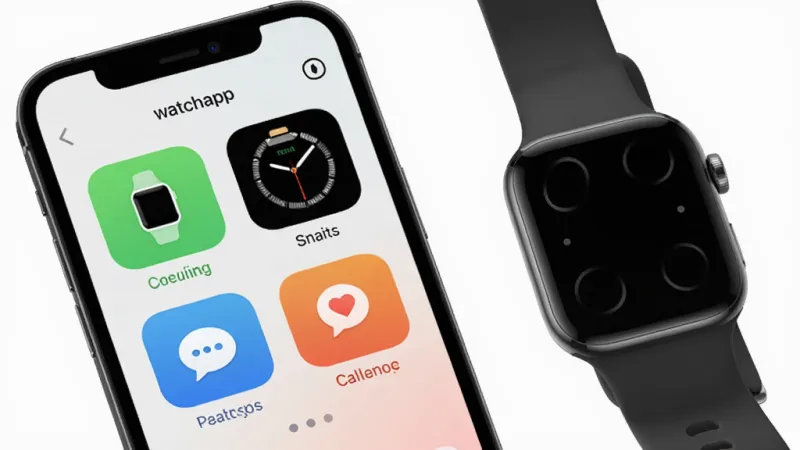 一张展示watchapp核心界面的手机样机图,手机屏幕里显示watchapp应用的主页,主页上有手表连接状态、表盘市场、消息同步、应用管理四个大图标,背景是干净的浅色渐变,旁边放着一只智能手表,风格简洁现代,画质清晰,无多余元素
