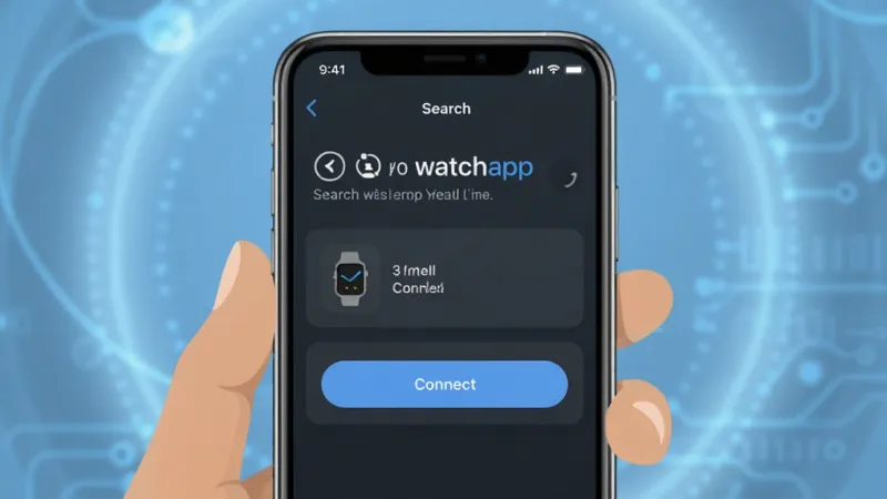一张展示watchapp一键连接功能的界面图,手机屏幕上显示正在搜索附近的智能手表设备,列表里出现了一个手表图标和连接按钮,背景是柔和的蓝色科技感光晕,风格扁平化,画质干净,无多余元素
