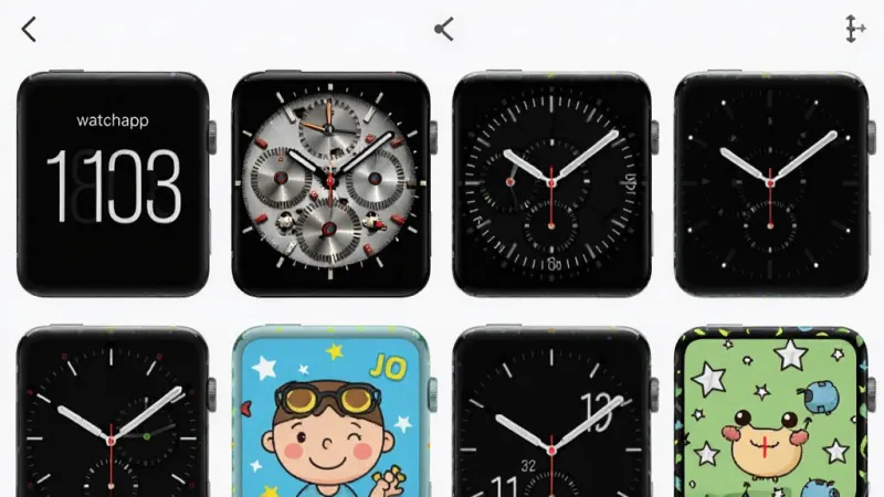 一张展示watchapp表盘市场界面的手机截图,屏幕上排列着多种风格各异的表盘预览图,有简约数字款、机械指针款、卡通图案款,界面布局整齐,风格活泼,画质清晰,无多余元素