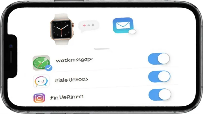 一张展示watchapp消息通知管理界面的手机图,屏幕上方显示手表图标和消息气泡,下方是应用列表和开关按钮,用户可以勾选需要同步消息的应用,界面清爽,风格现代,画质干净,无多余元素