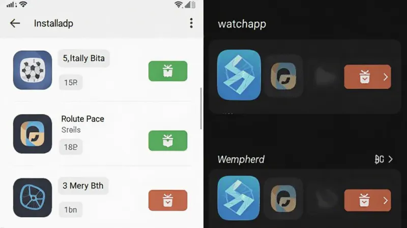 一张展示watchapp应用管理界面的手机截图,屏幕上显示已安装应用列表和精选推荐应用,每个应用旁边有安装或卸载按钮,界面布局清晰,风格简洁,画质干净,无多余元素