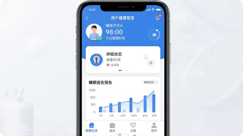 瑞迈特健康管家手机应用主界面展示,画面中央是一部现代智能手机,屏幕显示瑞迈特健康管家APP首页,界面以蓝白配色为主,顶部显示用户健康评分和今日使用时长,中间是呼吸机连接状态卡片和睡眠报告预览图表,底部为数据记录、报告、设备、我的四个导航标签,整体布局清晰,风格简洁现代,画质干净明亮,无多余元素