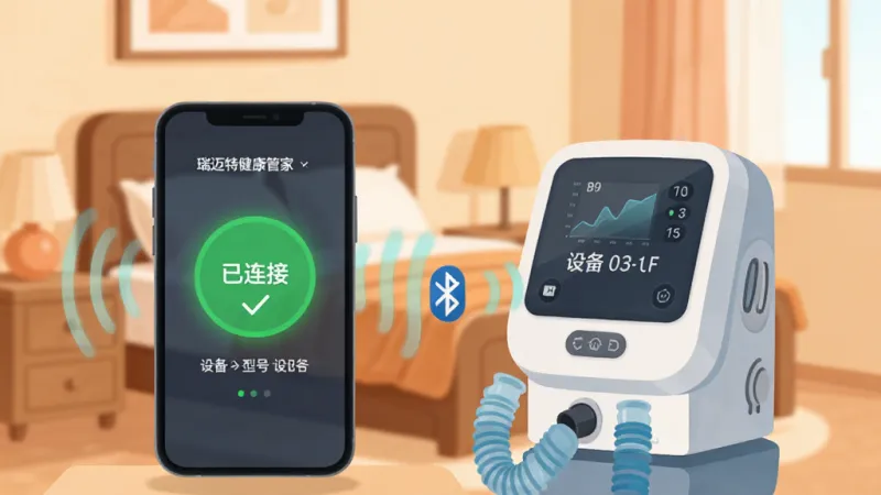 瑞迈特健康管家设备连接界面,画面展示手机与呼吸机通过蓝牙连接的示意图,手机屏幕显示“已连接”绿色状态和设备型号,周围有柔和的信号波纹动画效果,背景是温馨的卧室环境,色调温暖舒适,风格扁平化插画,画质干净清晰,无多余元素