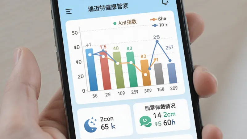 瑞迈特健康管家睡眠报告图表界面,手机屏幕显示彩色柱状图和折线图,横轴为日期,纵轴为AHI指数,图表下方有睡眠时长和面罩佩戴情况的图标统计,界面以浅蓝色和白色为主,数据点清晰可见,风格现代简约,画质干净无多余元素