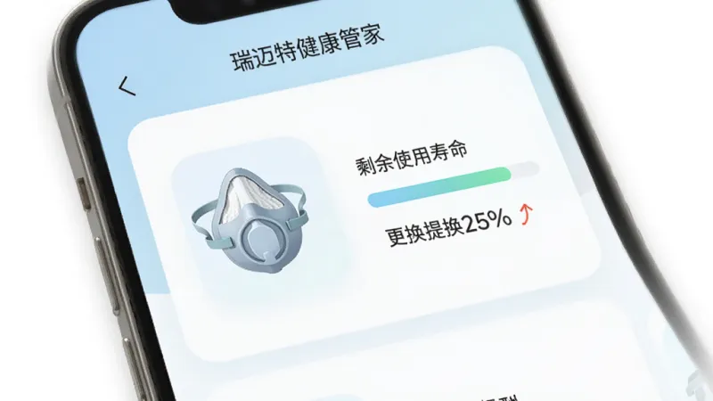 瑞迈特健康管家耗材管理界面,手机屏幕显示面罩和滤棉的图标,旁边有剩余使用寿命的进度条和更换提醒文字,界面以卡片式布局呈现,色调柔和,风格清新简洁,画质干净无多余元素