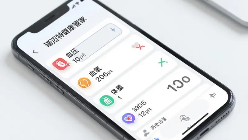 瑞迈特健康管家健康数据记录界面,手机屏幕显示血压、血氧、体重等指标的输入框和历史记录列表,每个指标旁边有不同颜色的小图标,界面布局整齐,风格清爽,画质干净明亮,无多余元素