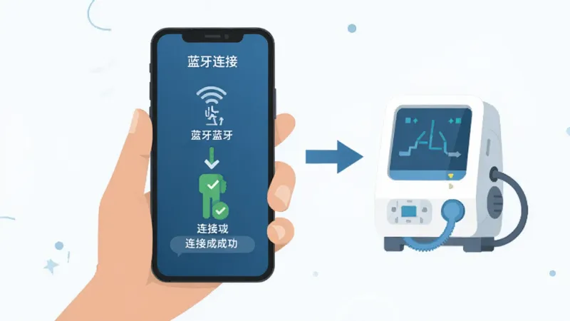 瑞迈特健康管家使用教程示意图,一只手拿着手机,屏幕显示蓝牙连接步骤,画面中有箭头引导从打开蓝牙到连接成功的流程,手机旁边有呼吸机设备图标,背景简洁,风格扁平化教学插图,画质清晰干净,无多余元素
