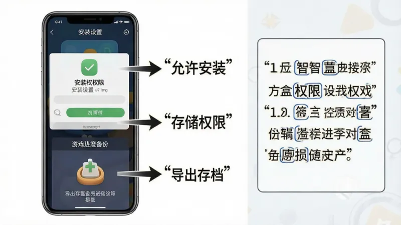益智方盒操作指引图，画面展示一部手机屏幕，屏幕上显示安装权限设置界面和游戏进度备份界面，旁边有箭头和文字标注“允许安装”“存储权限”“导出存档”等步骤，整体布局为左右分栏，左侧是设置截图示意，右侧是文字说明框，风格简洁教程风，细节上图标清晰，文字用引号标注，画质干净无多余元素
