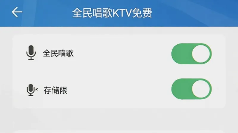 全民唱歌KTV免费手机安装权限设置界面,展示安卓手机权限管理页面,麦克风和存储权限开关处于开启状态,界面清晰,标注文字“全民唱歌KTV免费”,风格简洁,画质干净无多余元素