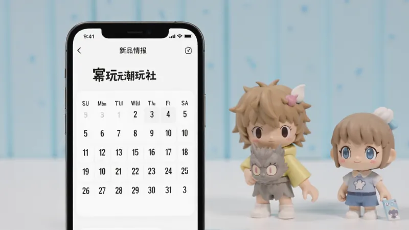 幂次元潮玩社 新品情报页面 展示手机屏幕内显示潮玩发售日历 旁边摆放几个可爱的盲盒公仔 背景为浅色 风格简约清新 画质细腻 干净 无多余元素