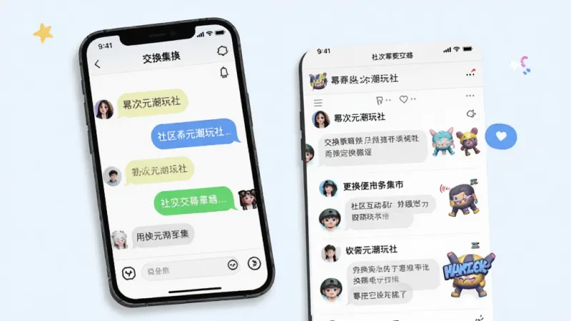 幂次元潮玩社 社区互动与交换集市页面 展示用户聊天界面和交换帖子列表 画面中有手机和对话框气泡 风格活泼 细节清晰 画质干净 无多余元素