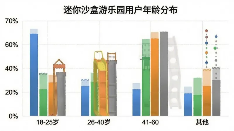 一张迷你沙盒游乐园用户年龄分布柱状图，横轴为18-25岁、26-40岁、41-60岁、其他四个年龄段，纵轴为用户百分比，柱状图颜色分别为蓝色、绿色、橙色、灰色，图表标题为“迷你沙盒游乐园用户年龄分布”，风格简洁现代，画质干净无多余元素