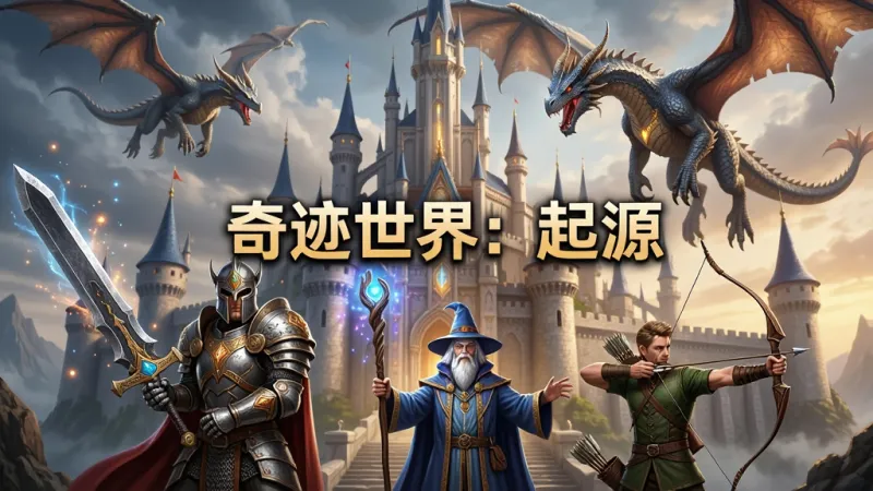 画面中心是宏大的魔幻城堡场景，前景站着身穿铠甲手持大剑的战士、手持法杖的法师和拉弓的射手三个角色，背景有巨大的飞龙掠过天空，整体色调偏史诗奇幻风格，布局采用三分法构图，人物在画面下方三分之一处，城堡和飞龙占据上方三分之二，风格为韩系华丽魔幻写实风，细节上铠甲纹理清晰、魔法光效粒子丰富，画质为4K超高清、干净无多余元素，图片中央有醒目文字“奇迹世界：起源