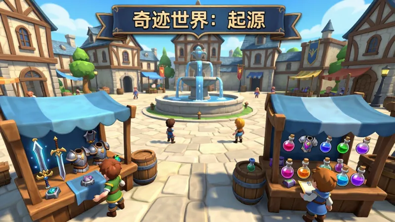 画面描绘游戏内的交易行场景，一个热闹的集市广场，背景有欧式风格的建筑和喷泉，前景有多个玩家角色摆摊，摊位上有发光的武器、铠甲和药水，布局采用广角透视，人物分布在画面下半部分，建筑占据上半部分，风格为明亮卡通渲染的魔幻风，细节上摊位物品图标清晰、玩家角色动作各异，画质为4K超高清、干净无多余元素，画面顶部有横幅文字“奇迹世界：起源