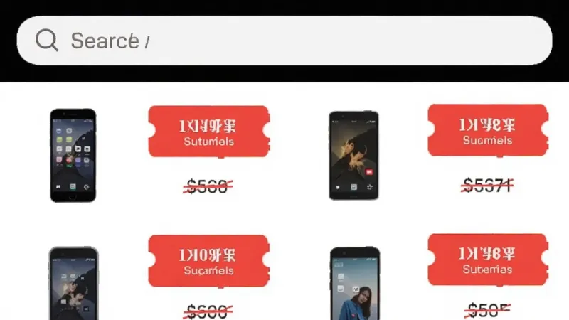 手机应用界面截图风格，顶部显示搜索框，下方是商品列表，每个商品右侧带有红色的优惠券标签和划线价格对比，背景为纯白色，排版整齐，风格简洁明快，画质清晰，无多余元素