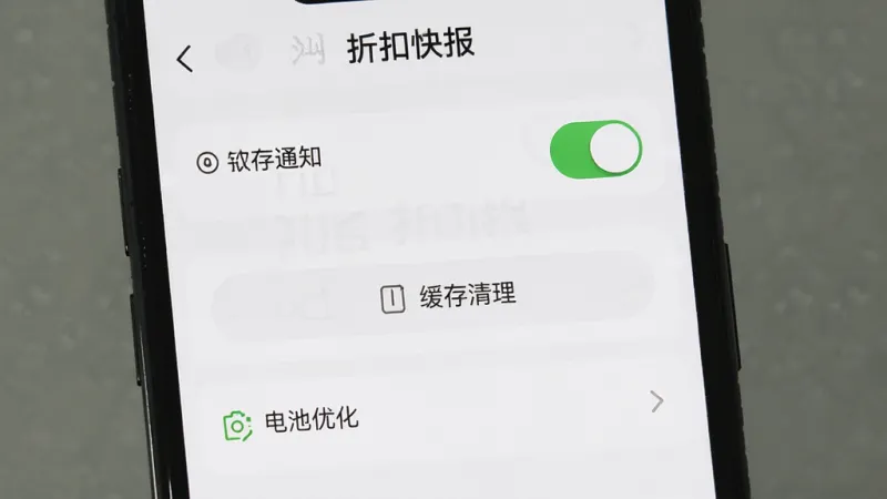 手机屏幕显示“折扣快报”的设置页面，页面上有通知开关、缓存清理按钮、电池优化选项等条目，布局清晰，文字标签明确，风格简洁现代，画质干净，无多余元素