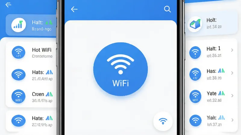 一张展示平行WiFi软件核心功能的手机应用界面截图,画面中央是简约的WiFi连接按钮,周围环绕着热点列表和信号强度图标,蓝白配色为主,风格干净现代,布局清晰,细节精致,画质高清,无多余元素