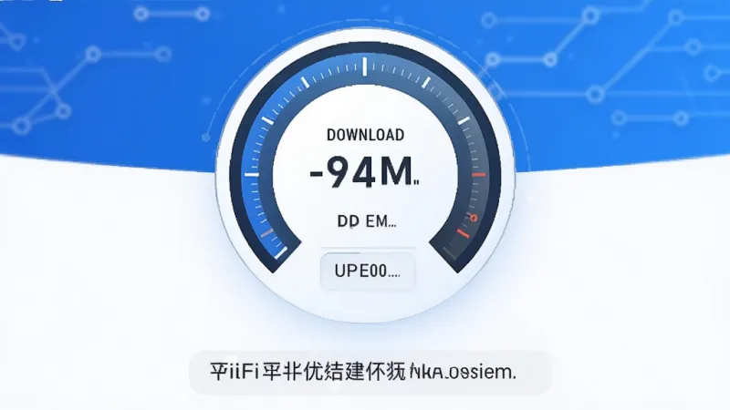 一张展示平行WiFi网络测速功能的界面图,画面中央有圆形的测速仪表盘,显示下载和上传速度数值,下方有优化建议的文字提示,风格科技感十足但保持简洁,蓝白配色,画质高清,无多余元素