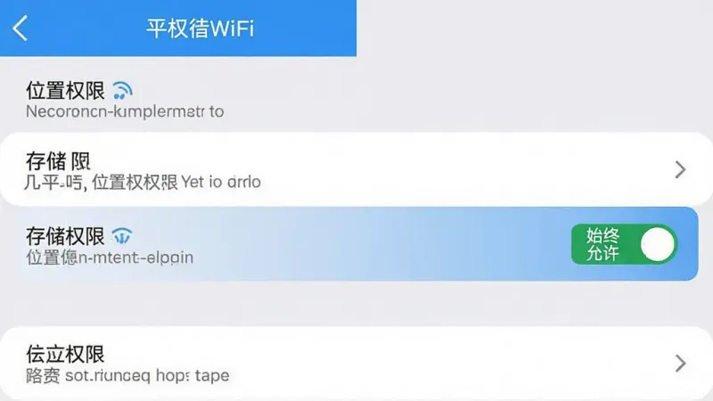 一张展示平行WiFi软件在手机设置中权限管理界面的截图,画面中有位置权限、存储权限等选项,其中位置权限被高亮标注为“始终允许”,风格简洁明了,蓝白配色,画质清晰,无多余元素