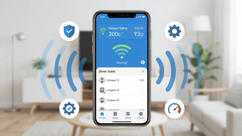 一张展示水星wifi应用主界面的图片，画面中心是一部智能手机，手机屏幕上显示着水星wifi的App界面，界面以蓝色和白色为主色调，顶部显示网络状态和下载速度，中间有WiFi信号强度图标和已连接设备列表，底部有四个功能选项卡。手机周围环绕着代表WiFi信号的波纹和几个小图标，比如盾牌代表安全、齿轮代表设置、速度表代表测速。背景是干净的家居环境虚化，风格现代扁平，画质清晰，无多余元素。