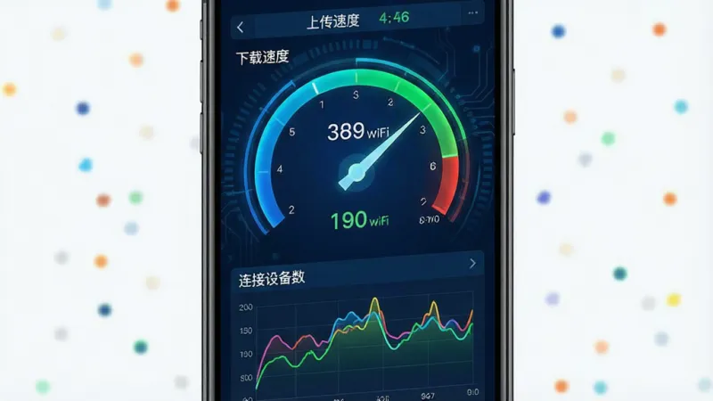 一张水星wifi应用首页的详细界面图，手机屏幕显示着网速仪表盘，指针指向高速区域，下方有彩色曲线图显示实时网速波动。界面背景是深蓝色科技感风格，数据用亮蓝色和绿色高亮显示，文字清晰标注“下载速度”、“上传速度”、“连接设备数”。整体风格简洁专业，画质干净无多余元素。