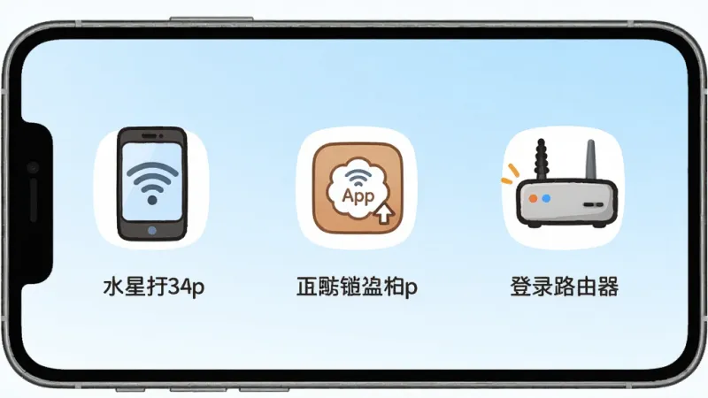 一张水星wifi新手引导界面的图片，手机屏幕显示着三个步骤的引导页，第一步是手机连接WiFi的图标，第二步是下载App的图标，第三步是登录路由器的图标。每个步骤下方有简短文字说明。界面风格卡通可爱，背景是淡蓝色渐变，画质干净，无多余元素。